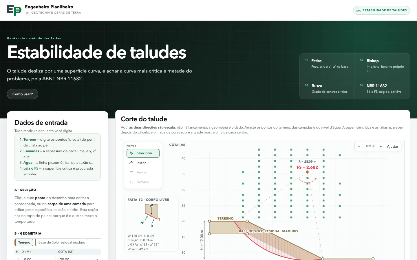Tela da ferramenta de estabilidade de taludes
