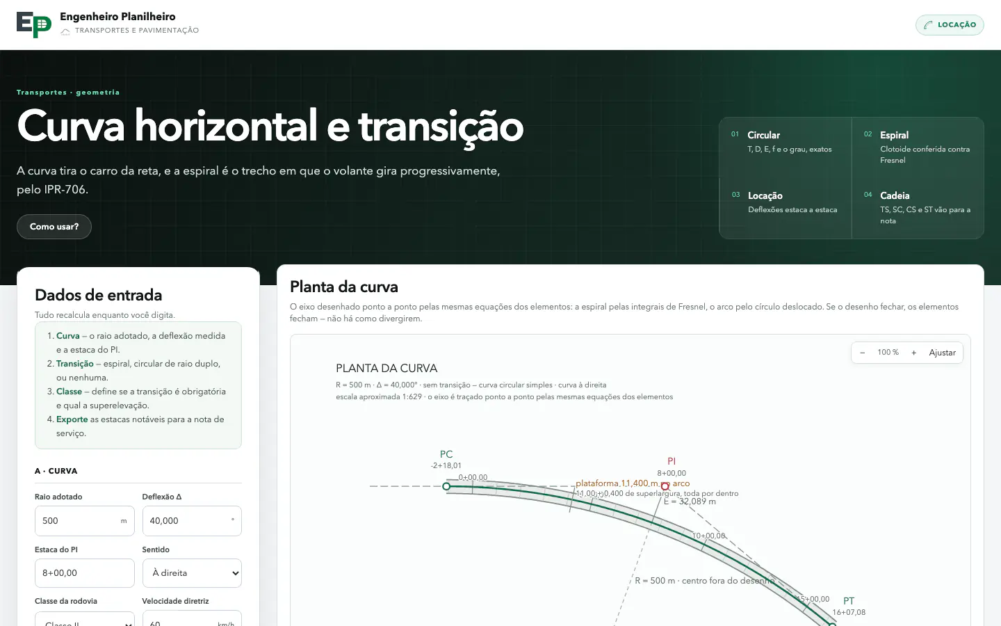 Tela da ferramenta de curva horizontal e transição