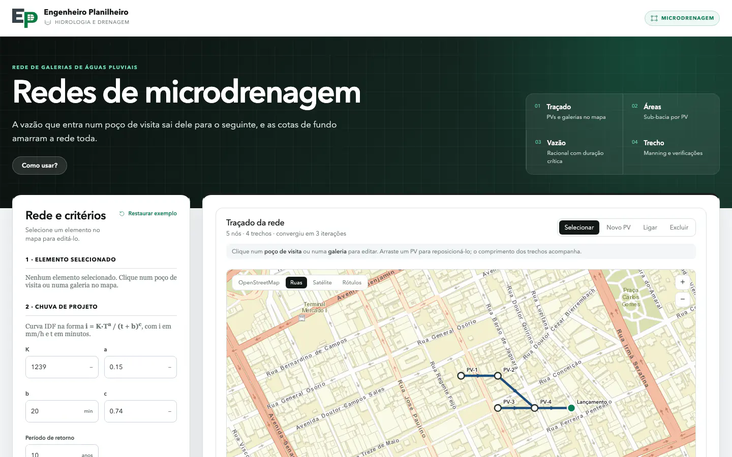 Tela da ferramenta de redes de microdrenagem