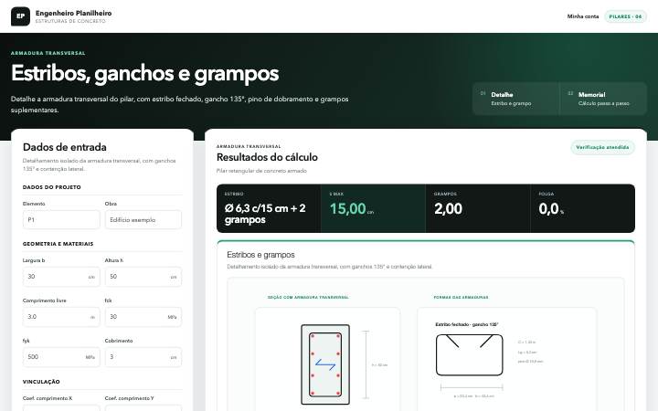 Estribos, ganchos e grampos de pilares